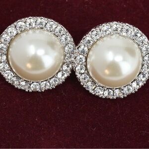 JBK Jackie Kennedy Pierced Pearl and Crystal Halo Earrings - 1 Inch Across